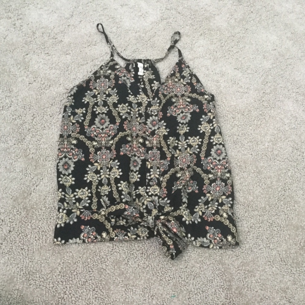 Mind Code V-Neck Black Patterned Tie Front Button Tank Top Size Small Summer